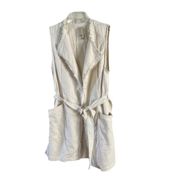 Anthropologie Elevenses Luna Frayed Linen Vest Off White Belted Size Medium - Picture 5 of 10